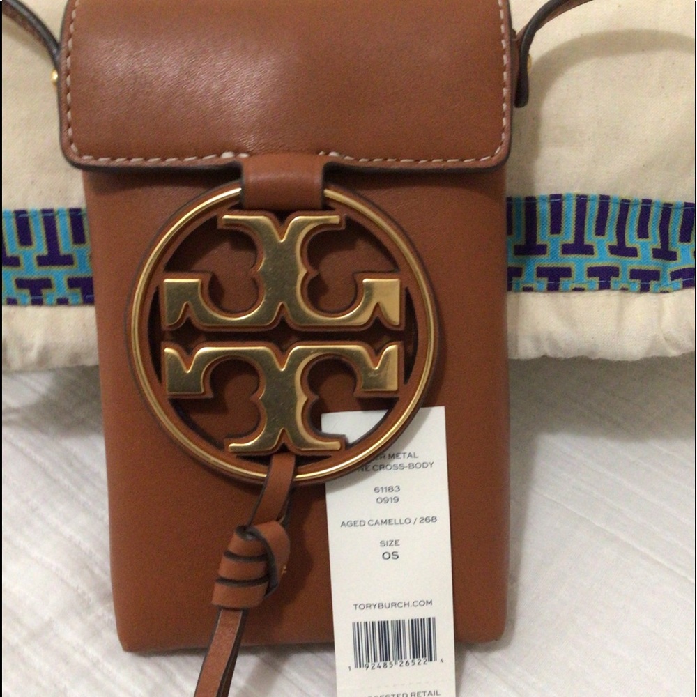 Tory Burch Camello Brown Crossbody Phone Bag with Gold Logo